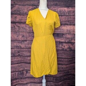 Loft Linen Blend Eyelet Sleeves Yellow Wrap Dress Size Small P